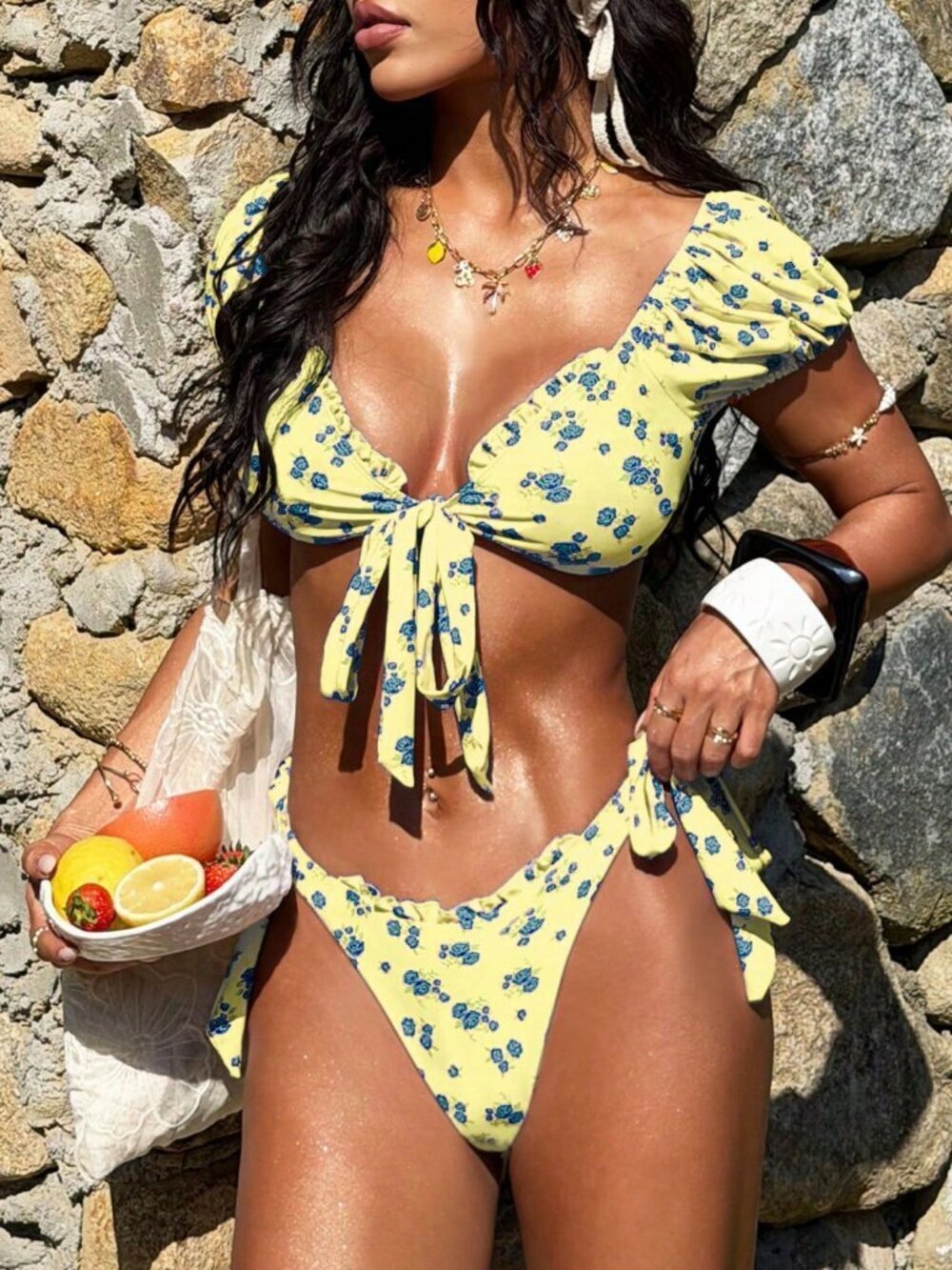 Multicolor Women's Floral tie front Top & High-Cut Bikini Swimwear Set - Picture 3 of 6